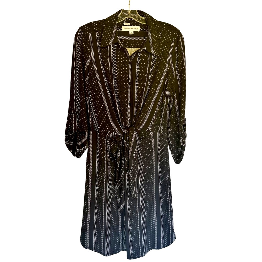Emma & Michele | Button Down Front Tie Black & White Midi Dress Size L